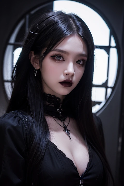 a woman with the face of Jennie from Blackpink, wearing black makeup and black lipstick wearing a black dress,  Gothic horror vibrations , gothic aesthetics, estética de  goth girl, Jet black hair with fringe, Dark Gothic Queen,  gothic atmosphere,  portra...