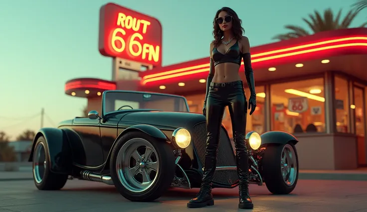 realistic photo, woman standing next hot rod , wearing casual clothes and sun glasses , wearing black shinny pvc thigh high boots , shinny pvc long gloves , outside vintage route 66 diner