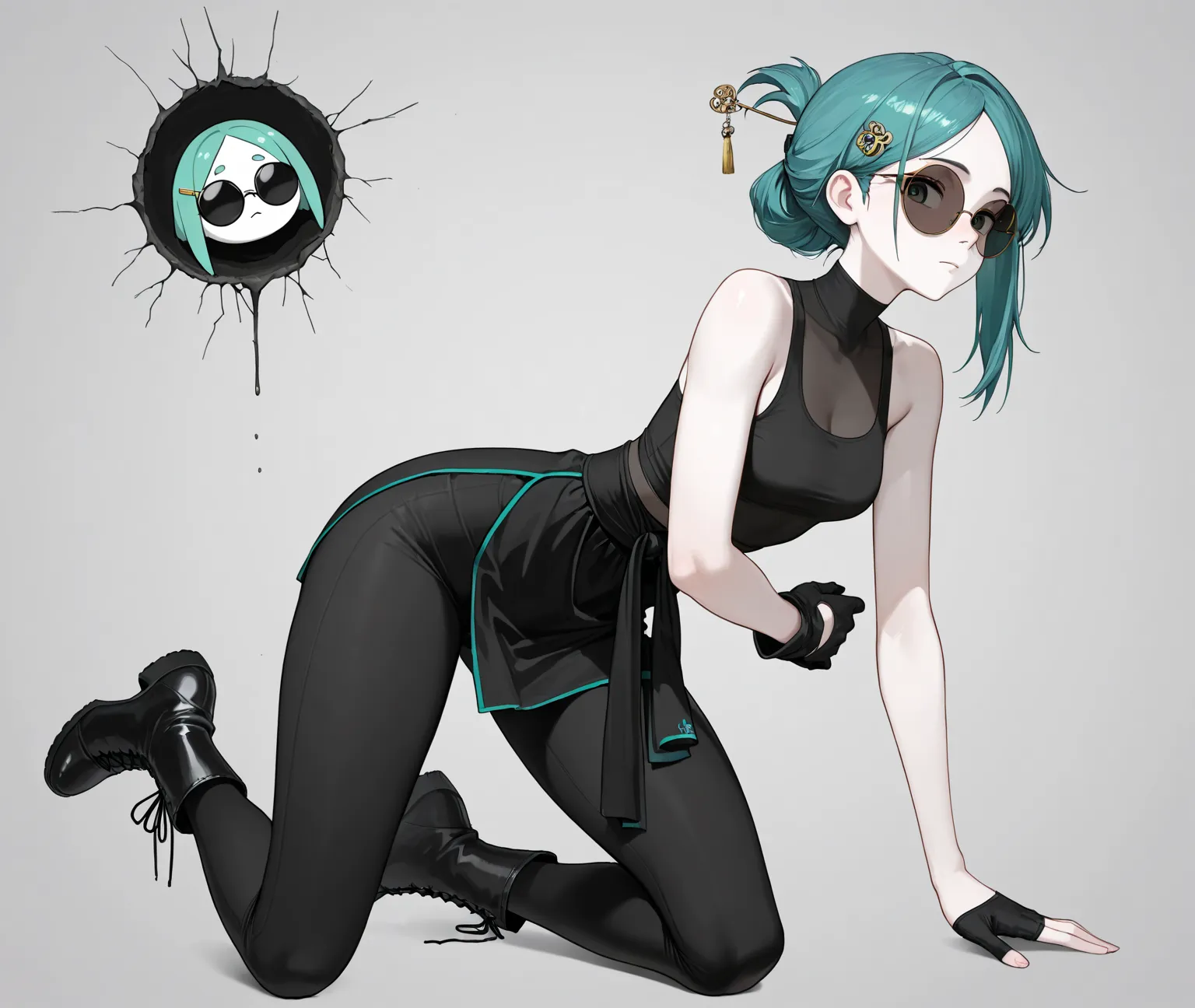 height: 165cm, weight: 53kg, hair: Soft, long, turquoise hair, eye: Blue-green irises, slightly drooping eye corners, and round, large eyes, nose: The tip of the nose is round, skin: pure white skin, Face type: Puppy face, body: s line, Clothing: black see...