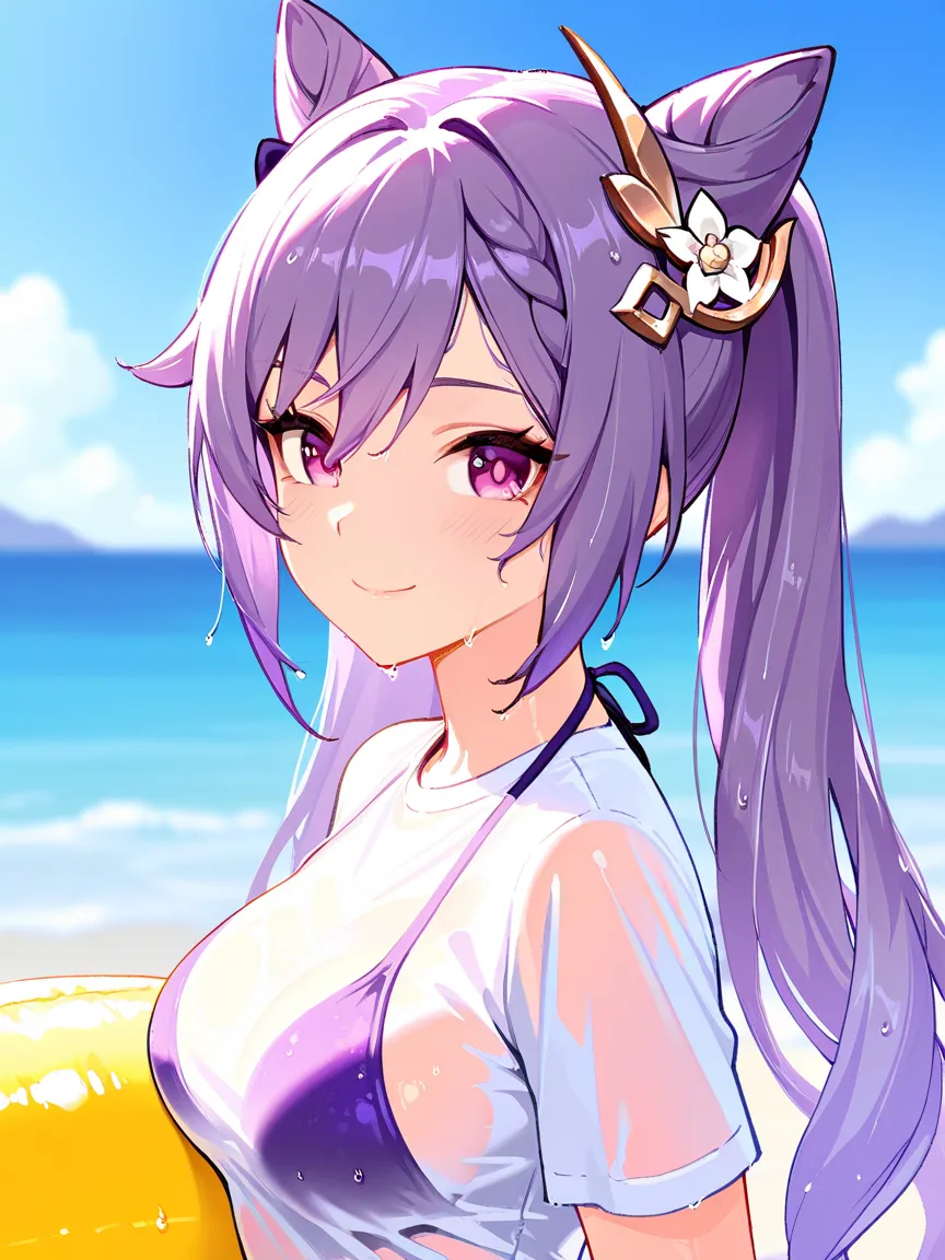 8k,masterpiece, best quality, ultra detailed, high resolution, super fine illustration,Keqing (Genshin impact), 1girl, solo, smile,purple eyes, purple hair, cone hair bun, double bun, braided bangs, long hair, medium breasts, wet hair,(wet t-shirt), bikini...