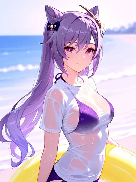 8k,masterpiece, best quality, ultra detailed, high resolution, super fine illustration,Keqing (Genshin impact), 1girl, solo, smile,purple eyes, purple hair, cone hair bun, double bun, braided bangs, long hair, medium breasts, wet hair,(wet t-shirt), bikini...