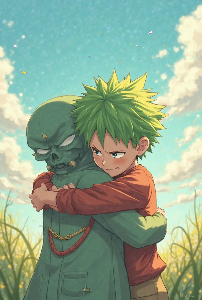 A boy hugging a tatsumaki
