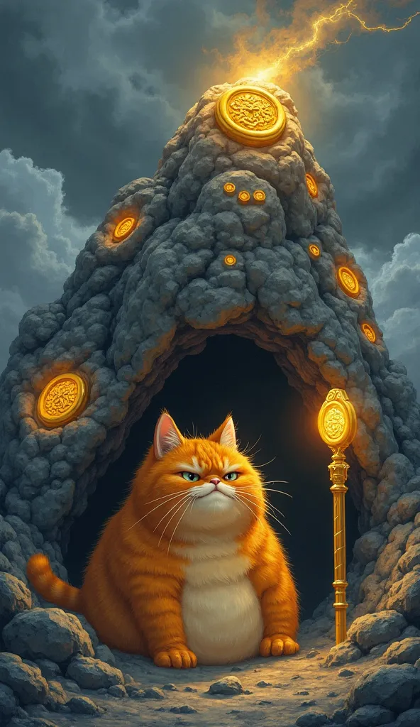 (Ultra realistic), "A fat orange cat, looking angry and defeated, is trapped under a massive mountain with golden magical seals glowing on the rocks. His golden staff is buried nearby, just out of reach. The sky is dark, and storm clouds swirl above."