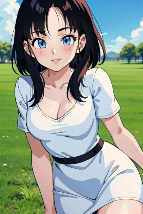 young videl, 1girl, solo, black hair, (blue eyes), medium breasts, white_dress, (blue sky), blush, park, (best quality, masterpiece) smile, lips parted, alone, looking at viewer 