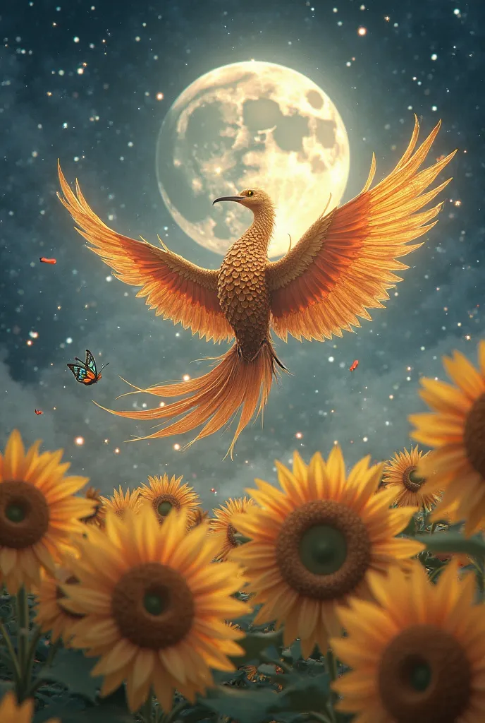 Butterfly and Phoenix with Sunflower and Moon 