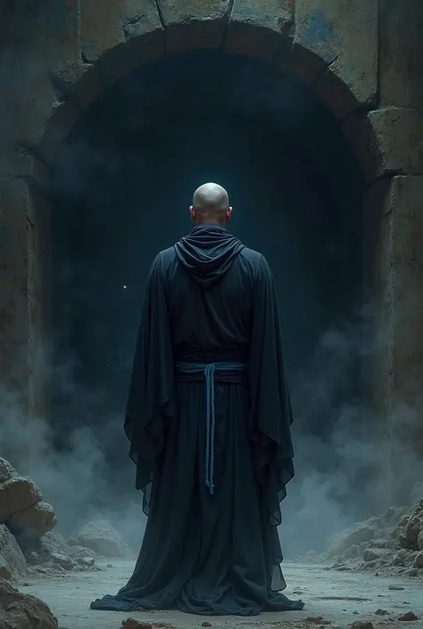 A man in a black robe without covering his head with a small bright blue rope around his waist. He is facing a dark and aimless portal.