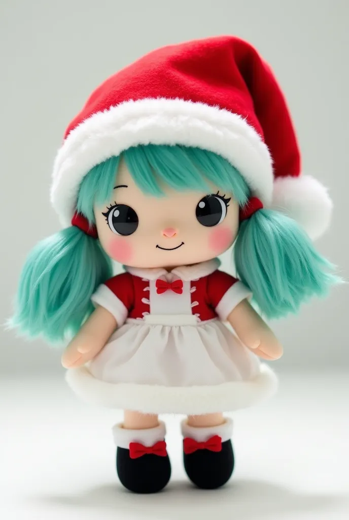 Picture of a girl's little plush toy。The plush is made of soft and cuddly fabric、It has button eyes and a friendly look。She has long teal twin tails、Santa hat with white fur trim、A white dress with red accents and white fur trim、wears black shoes with red ...