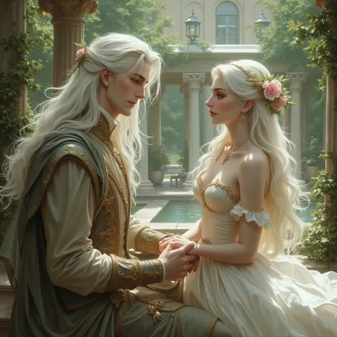 The Beautiful Swallow. girl with long white hair,beautiful .  The Man with Long White Hair, European view of the stands ,  beautiful girl,  beautiful skin,beautiful body,green eyes,, a man with long white hair is talking in a marble gazebo,young son and mo...