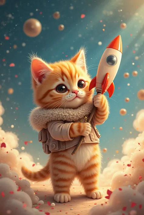 Orange baby cat wearing cute outfit holding beautiful rocket, bond