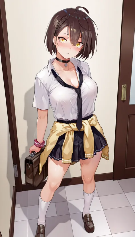 masterpiece, best quality, amazing quality,
solo,1girl,
baerdimore, brown hair,yellow eyes, ahoge, short hair,
b_uniform, choker, white socks, short sleeves, black necktie, clothes around waist, loose necktie, pleated skirt, brown loafer,
looking_at_viewer...