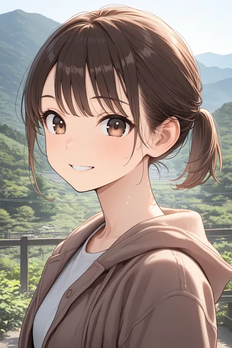 紺色のセーラー服を着た日本woman,Ponytail、masterpiece, Highest quality, high image quality, very aesthetic,   latest, scenery,very well detailed,High Resolution,woman、brown hair,  short hair,brown eyes, healthy skin for 1 female,shiny texture,simple background, focused ...