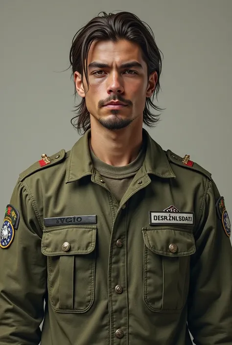 Young, man, , with goatee, 1, 70 in height,  White , straight hair on the brown side, With mullet cut, With the Brazilian Army uniform, with slightly defined jawbone and a thin chin 