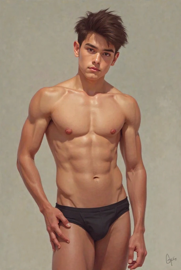 Create a digital illustration of a young muscular boy, around , posing nude with an obvious erection. Capture his lean, defined physique and youthful features, highlighting his chiseled abs and powerful thighs. Position his erect penis in the foreground, p...