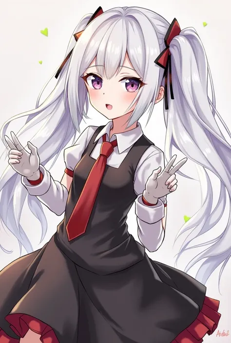 anime girl with long white hair and black dress with red tie, perfect white haired girl, white haired, twintails white_gloves, girl with white hair, white-haired, white haired deity, anime girl with long hair, cute anime girl, girls frontline style, from g...