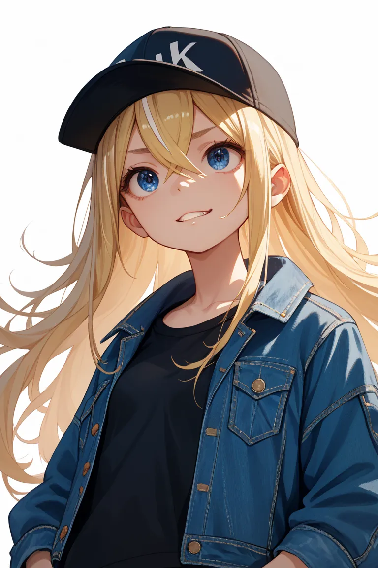 masterpiece, highest quality, Anime style, one girl, loil, petite, small breasts, standard, fair skin, grin, Pursed lips, white background, blonde hair, 
break white:1.5 streaked hair, long hair, 
break bangs between eyes, blue eyes, double eyelid, staring...