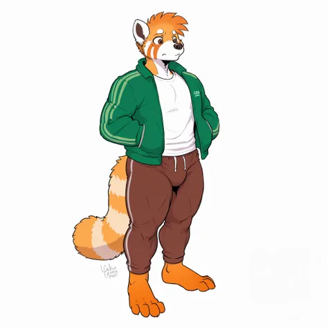 Anthro red panda, 1boy, solo, lean, short hair,  glossy fur, light orange fur, wide shoulders, simple background, brown eyes, strong thighs, white t-shirt, green jacket, brown training pants, simple background, normal feet, white background, calves