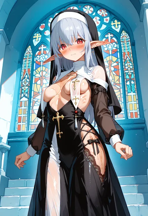 NSFW、 erotic、(((oiled、、Medium breast、、small breasts、、under boob、、side boob、、breast cleavage、、side lace-up skirt、、long skirt)))、、((Nuns、、Chest Drapes、、、、 erect nipples、、See-through bodysuit、、Cute elf girl、、long breast curtains、、Off the shoulder、、、、slit skir...