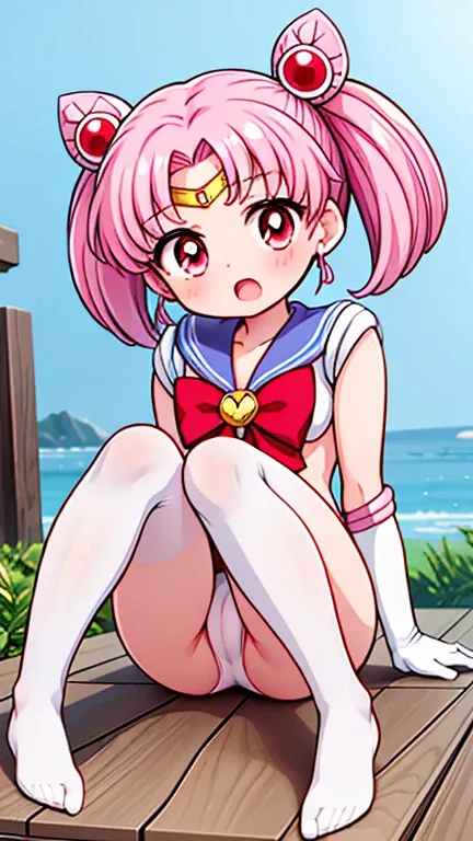 sailor moon，hood， young， seven year old ， Pretty little Loli ，Pink hair with pigtails，short hair，red eyes， white elbow gloves， without shoes， Open your mouth， tender face， white stockings，Sitting，short legs,  nude, Crotch that is wet and slithering,  misch...