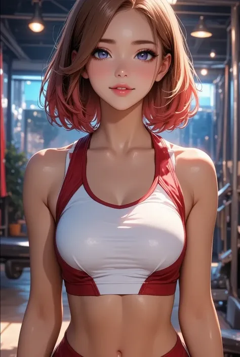  1 girl,   young woman,  sports gym,  standing, smile,   Beautiful Eyes in Every Detail  , Beautiful lips down to the last detail,   Extremely Fine Eyes and Face  ,  long lashes ,  Sportswear Set Up   :1.2, Colorful clothing , anime:1.2, CG illustration,  ...