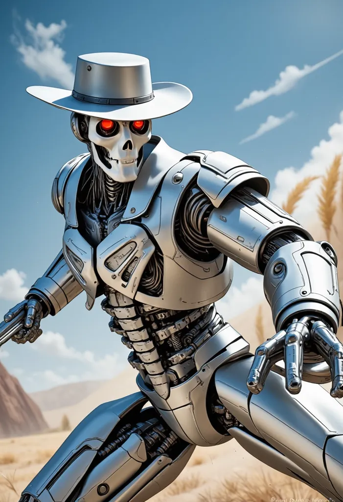 hyper realistic photograph of a intricately built cowboy android robot in an action pose shooting his two silver cold revolvers, skull face wild west, action film, cinematic, ambient occlusions, titanium, intricate details, action, dramatic lighting, dust,...