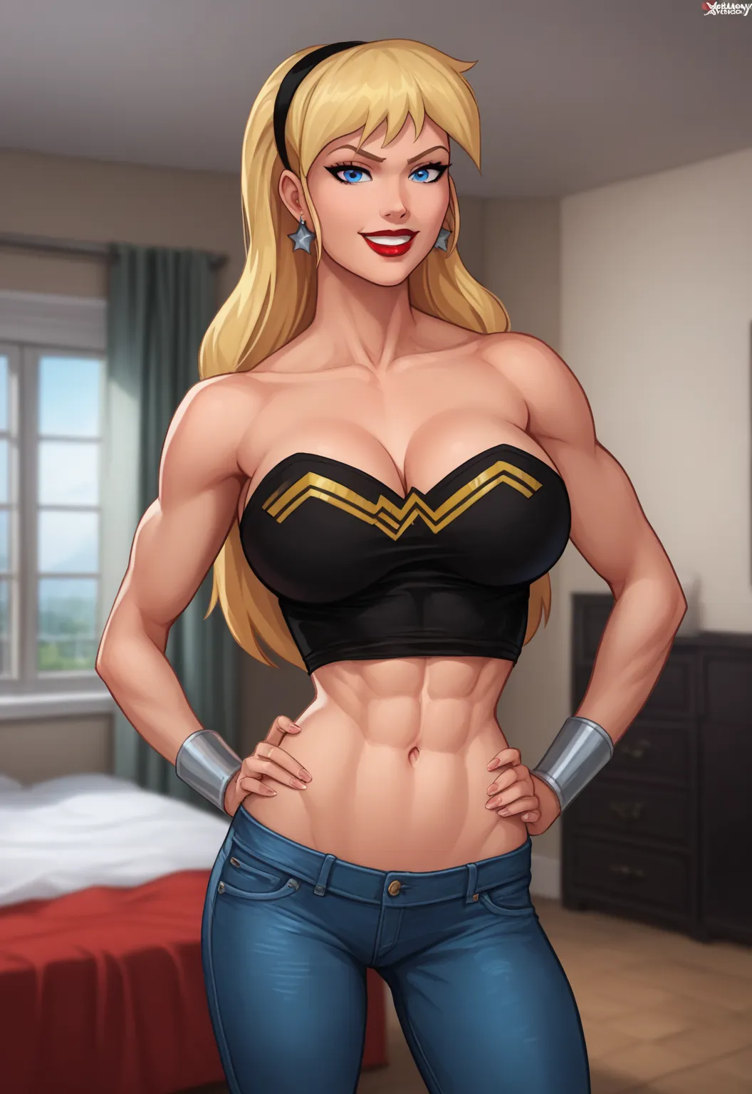 safe_pos, PonyXLV6_Scores BREAK (((parody style, parody:1.2)), perfect anatomy, cowboy shot) 1girl, blonde hair, long hair, blue eyes, ((looking at viewer)), hairband, star earrings, red jeans, curvy,  athletic, standing, hand on hip, indoors, bedroom, bla...