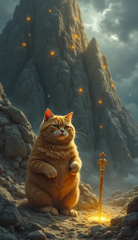 (Ultra realistic), "A fat orange cat, with Injury and looking angry and defeated, is trapped under a massive mountain with golden magical seals glowing on the rocks. His golden staff is buried nearby, just out of reach. The sky is dark, and storm clouds sw...