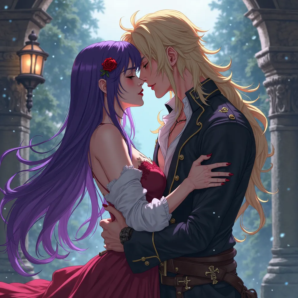 The girl kiss the boy. Vampire girl purple hair very long. Pírate boy blond hair very long. Anime.