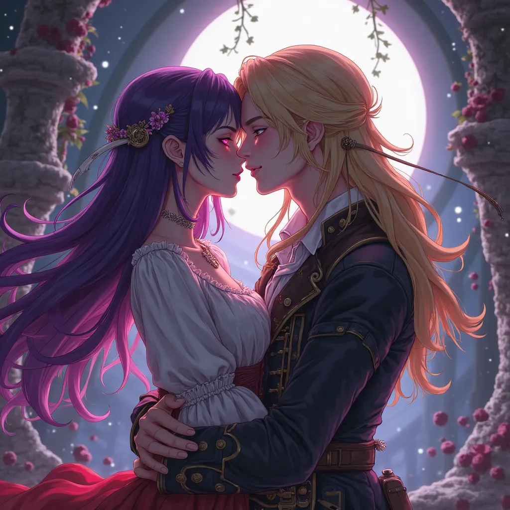 The girl kiss the boy. Vampire girl purple hair very long. Pírate boy blond hair very long. Anime.