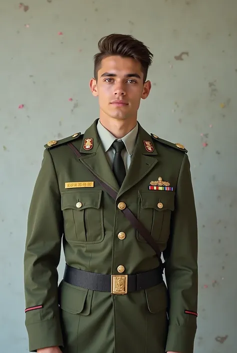 Young, slim man, , 1, 70 in height,  White , brown hair on the side, With the Brazilian Army uniform, with slightly defined jawbone and a thin chin 