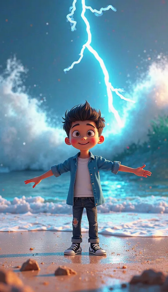 Pixar 3D animation, 4 K image, and colorful image.
Character,Arv  young boy wearing blue shirt and white T-shirt and black jeans and black and white sports shoes. 
Action,Arv is standing on the seashore with both his hands spread out and very strong waves ...