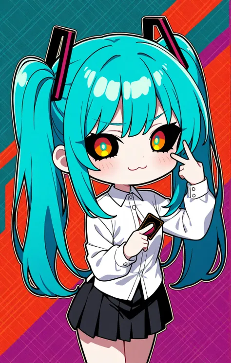 1girl,solo, black sclera, yellow pupils, looking at viewer, red blush, :3, teal hair color, long hair, twin ponytails, side locks, white shirt, button, buttoned shirt,long sleeves,V over eyes, \\//, chibi,abstract background, card between fingers, partiall...