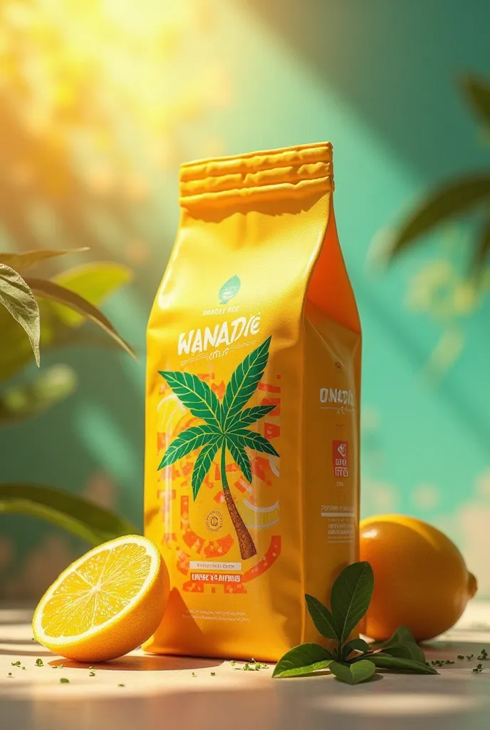 Create a design of a bag for a drink called BeLight with flavors of Jamaica, lemon and mango that has an innovative and striking design