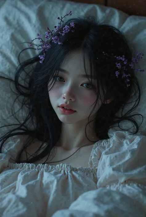 Create an image of a age girl,gothic,long black hair with purple twigs,She is in her pajamas and lying on her bed with her hands in her hair