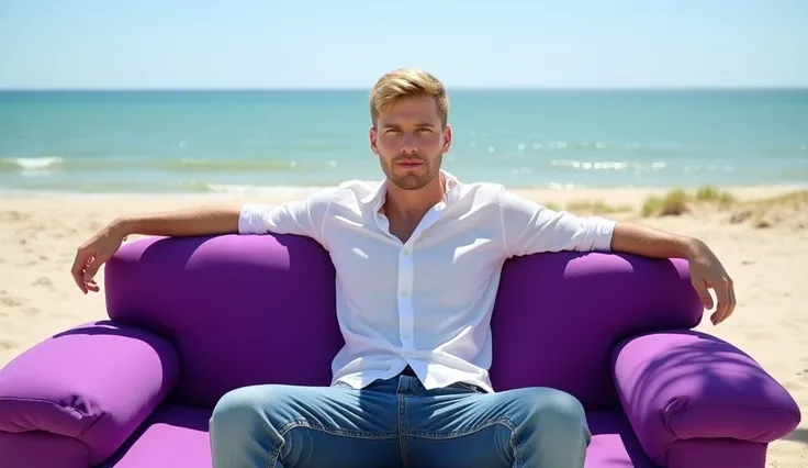 on a purple sofa
by the beach
in pov
we only see his facehe and sitting
in front of a blond man with short blond hair
he has a shy and mysterious look
 with jeans and a white shirt
it's nice it's summer
the sun is shining