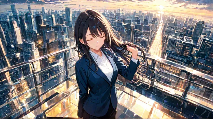 A graceful businesswoman with long, flowing black hair, wearing a white button-up shirt and a stylish blazer, standing on a high-rise observation deck. She closes her eyes with a serene, contemplative expression as the wind gently moves her hair. The moder...