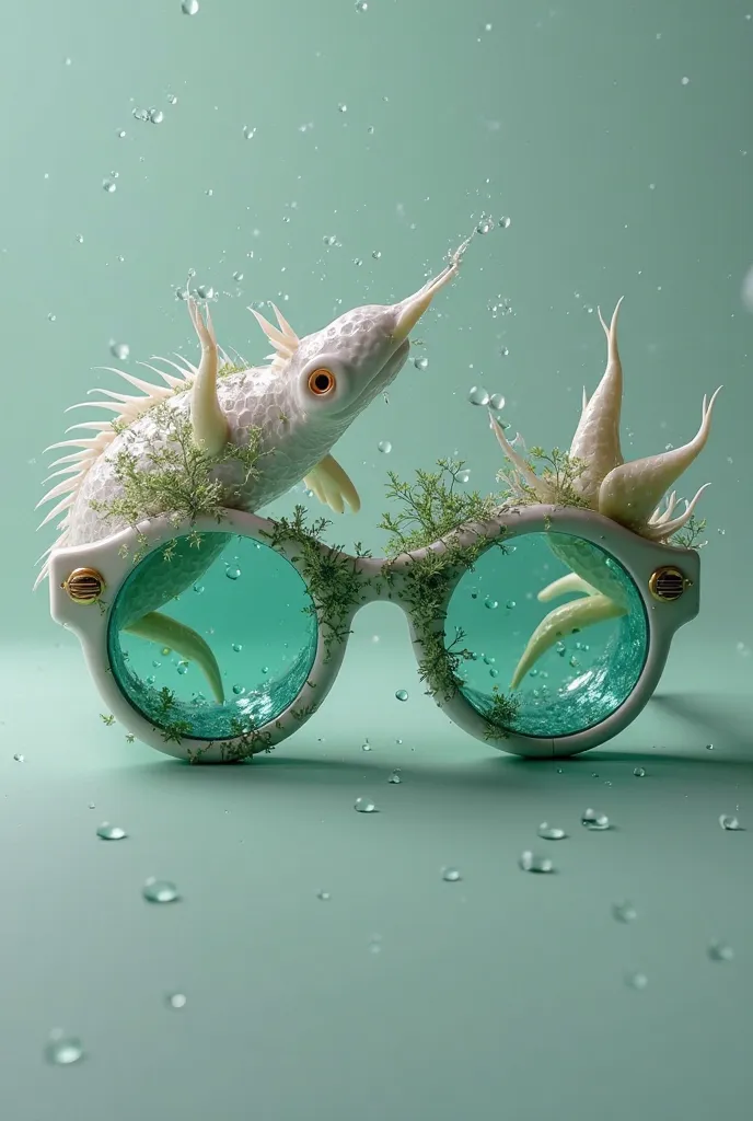 It generates an image of lenses inspired by the shape of the axolotls in a minimalist style with retro colors and that appear to have water and algae on the lenses, Let it be seen that it is made of recycled material