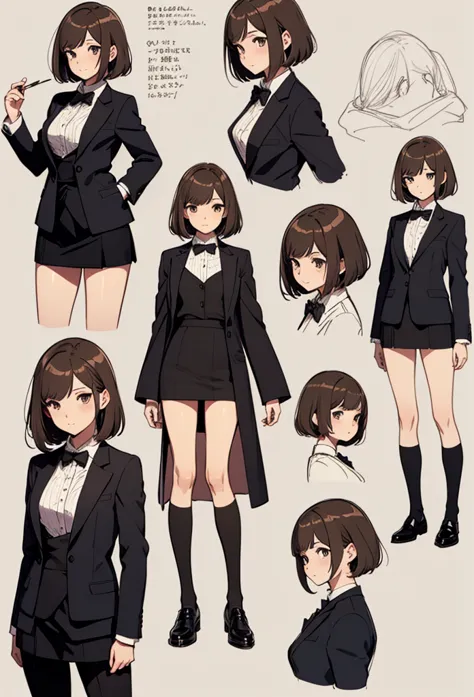 Anime girl paper sketch guidelines, pencil lines, concept art, anime girl anatomy, ((best quality)), ((masterpiece)), (detailed), 1girl, asian young woman, short bangs, brown hair, brown asian eyes, feminine, bowtie, black tuxedo jacket, black dress skirt,...