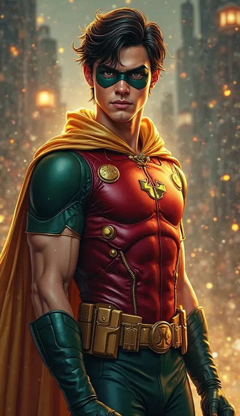 a man Robin DC comics  (1boy, man, Robin, the Boy Wonder), beautifully detailed eyes, flawless skin, delicate facial features, athletic physique, dynamic pose, vibrant colors, (fantasy,comic book style:1.2), ornate costume, (best quality, 4k, 8k, highres, ...