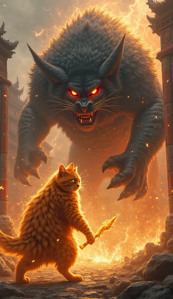 (Ultra realistic), "A fat orange warrior cat, now glowing with golden energy, faces off against a massive dark-furred demon cat with fiery red eyes. Wu-Mao holds his golden staff, surrounded by flames, while the demon cat towers over him. The battlefield i...