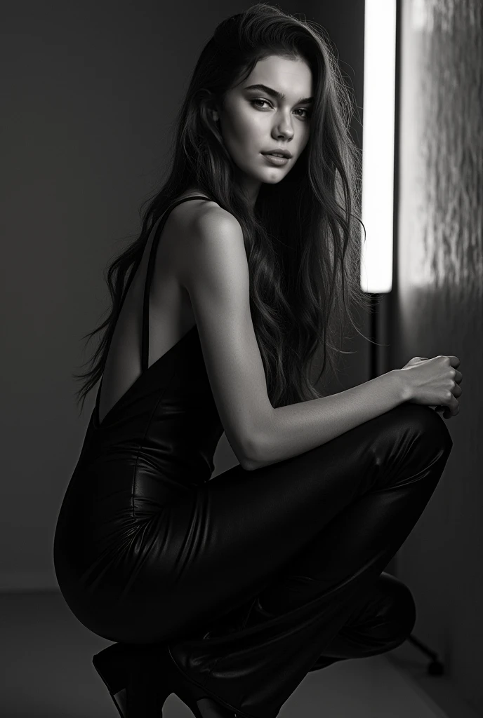 Stunning model, long hair, posing in a high-fashion photoshoot from damon baker, exuding confidence and allure. She wears a sleek, designer outfit that accentuates her flawless figure, with bold makeup and perfectly styled hair. Dramatic lighting casts sof...