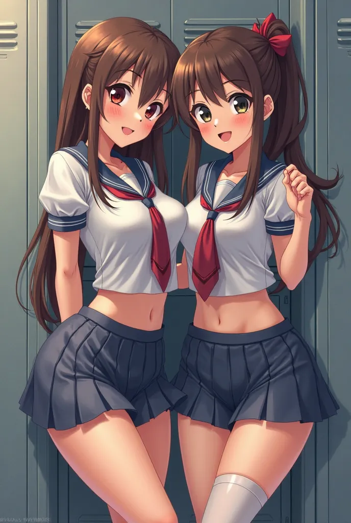 Two anime girls in tight school costumes, leaning against a closet, looking at the camera with mischievous expressions and insinuating smiles.