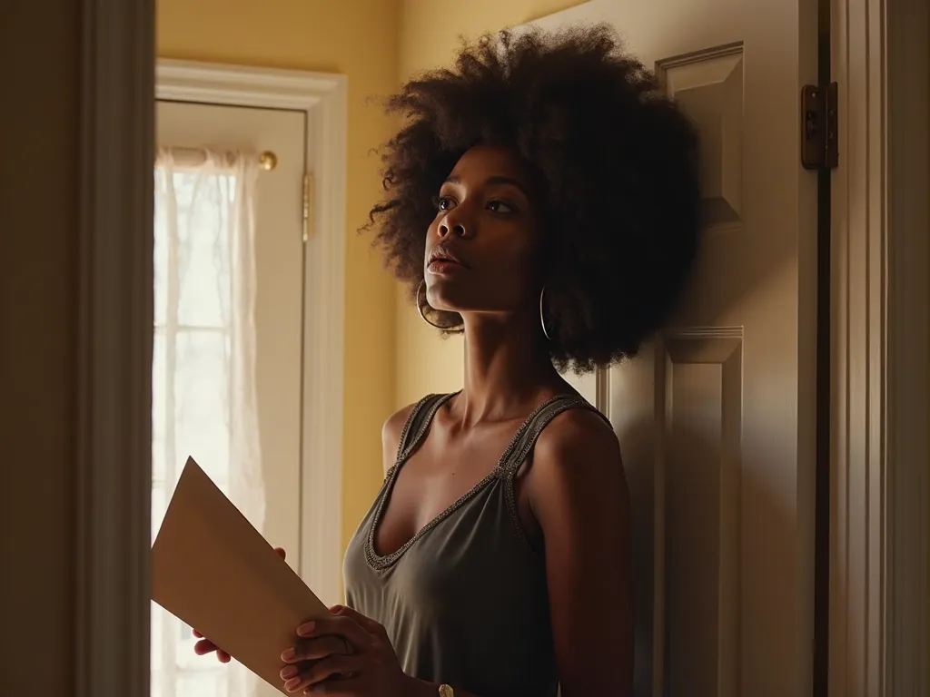 A young black American woman with thick black curls looking like Gabrielle Union leans With her back against the closed front door of a modest but warm living room. Her eyes drift to the ceiling as she exhales, her expression heavy with emotion. She has a ...