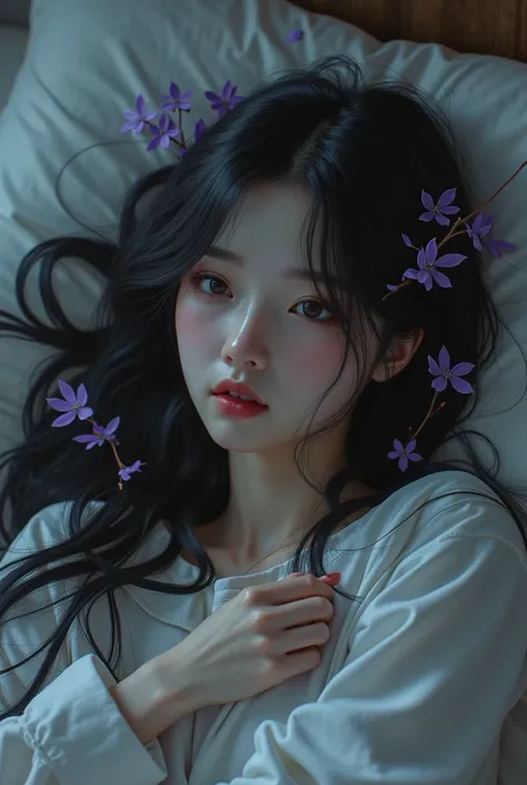 Create an image of a age Girl,gothic,long black hair with purple twigs,She is in her pajamas and lying on her bed with her hands in her hair and in an anime style