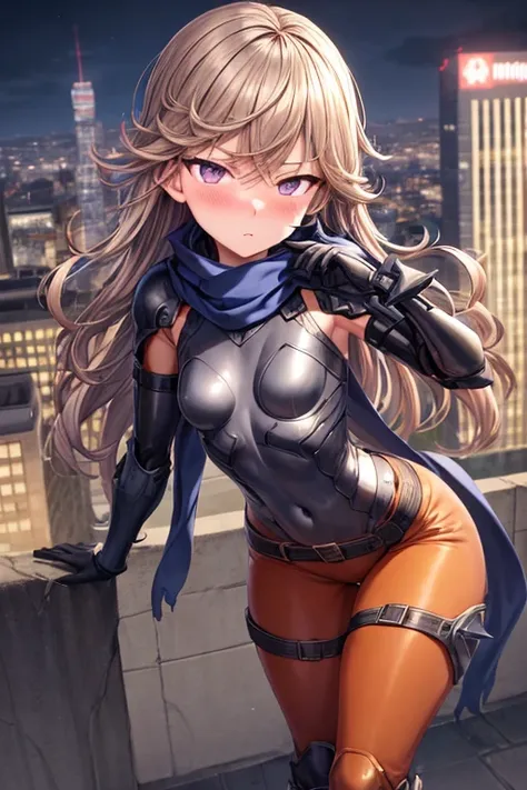 ((best quality)), ((masterpiece)), (detailed), 1 girl, young adult, purple eyes, blushing, embarassed face, long blue scarf, brown hair, long hair, wavy hair, bangs, brown collar, somewhat short, very thin, big googles, spikes on forearms, brown details, l...