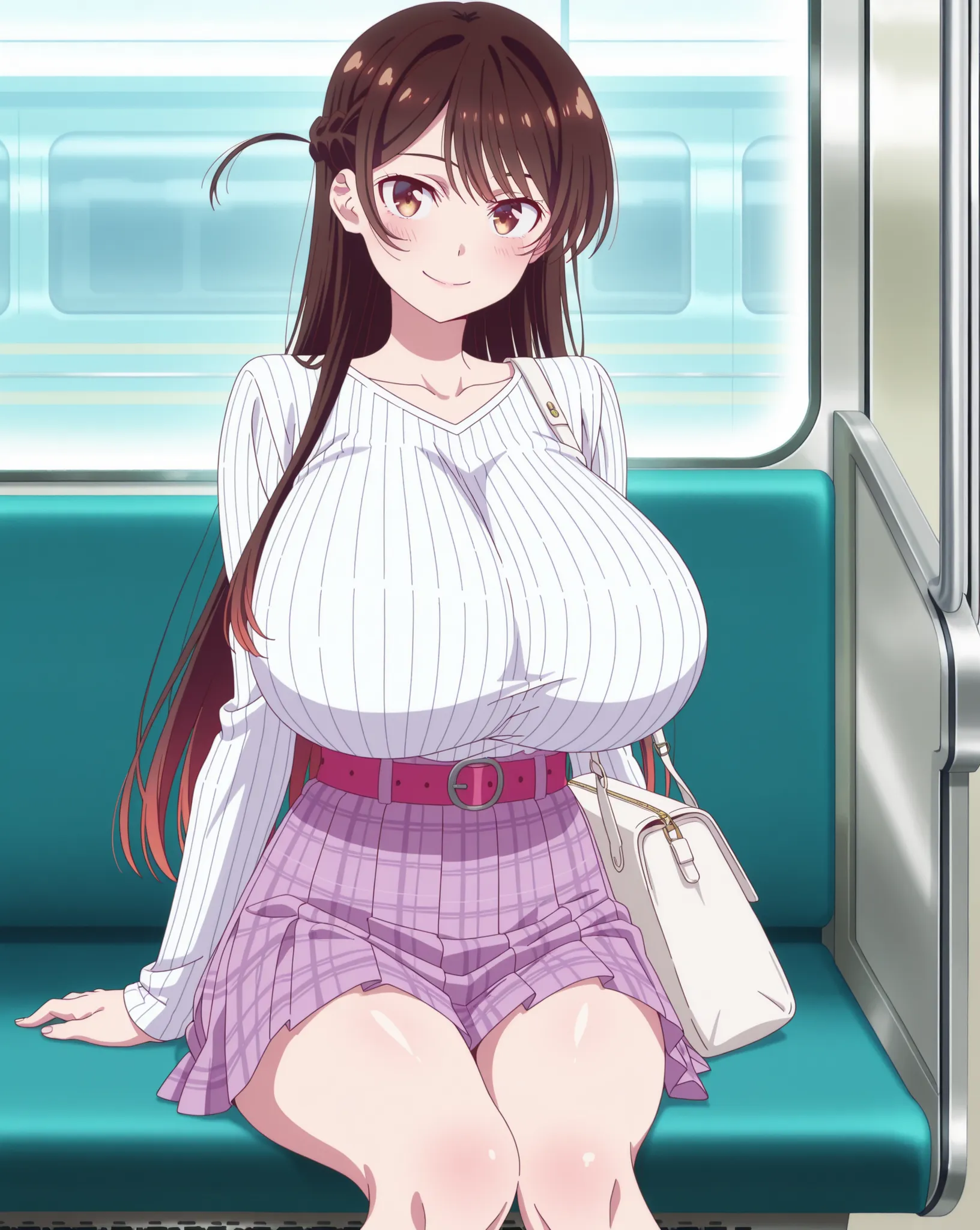 score_9, score_8_up, score_7_up, source_anime, anime coloring, anime screencap, 1 girl, solo, Chizuru Mizuhara (Kanojo Okarishimasu), brown hair, shiny hair, brown eyes, long hair, braid, loving smile, closed mouth, white beautiful skin, gigantic breasts, ...