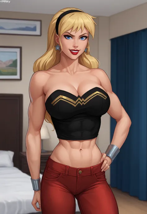 safe_pos, PonyXLV6_Scores BREAK (((parody style, parody:1.2)), perfect anatomy, cowboy shot) 1girl, blonde hair, long hair, blue eyes, ((looking at viewer)), hairband, star earrings, red jeans, curvy,  athletic, standing, hand on hip, indoors, bedroom, bla...