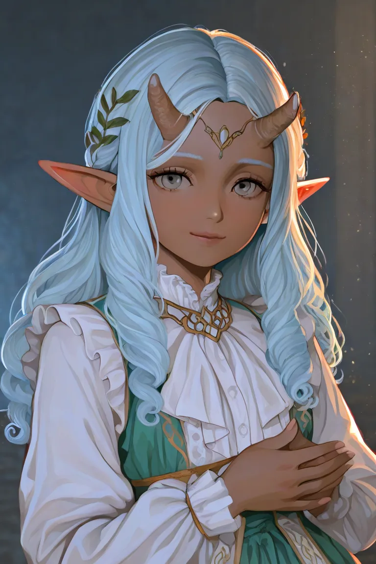  SHORT HAIR, curly, light blue,  Horns on her forehead , brown skin,  gray eyes,  Elf Ears, rococo style clothes