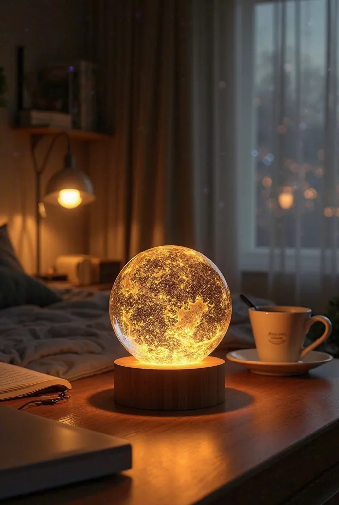 "An elegant night lamp shaped like a 3D glass ball, placed on a polished wooden base. The crystal ball emits a soft and warm light, subtly illuminating the environment. The interior design of the sphere features a 3D engraving with mystical or astronomical...