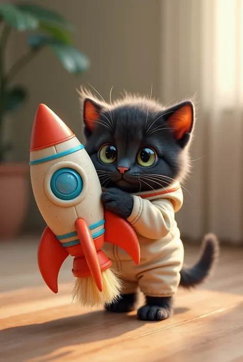 BLACK BABY CAT WEARING CUTE OUTFIT HOLDING BEAUTIFUL ROCKET SCRUB, bond