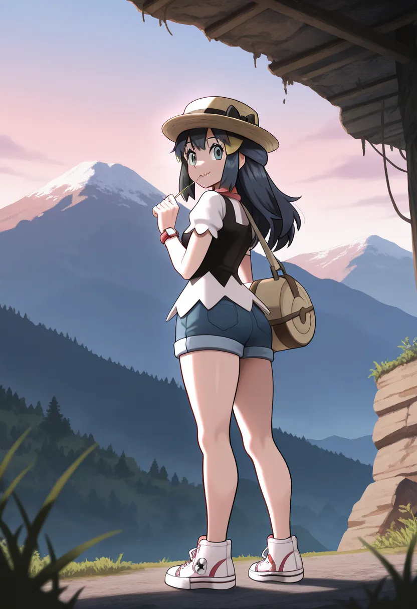 masterpiece, best quality, amazing quality, very aesthetic, absurdres, newest, scenery,highly detailed,high-resolution,low-angle shot,female,woman,dawn/hikari,pokemon diamond pearl,dark-navy hair,long hair,aquamarine eyes,fair skin,glossy texture,pink lips...